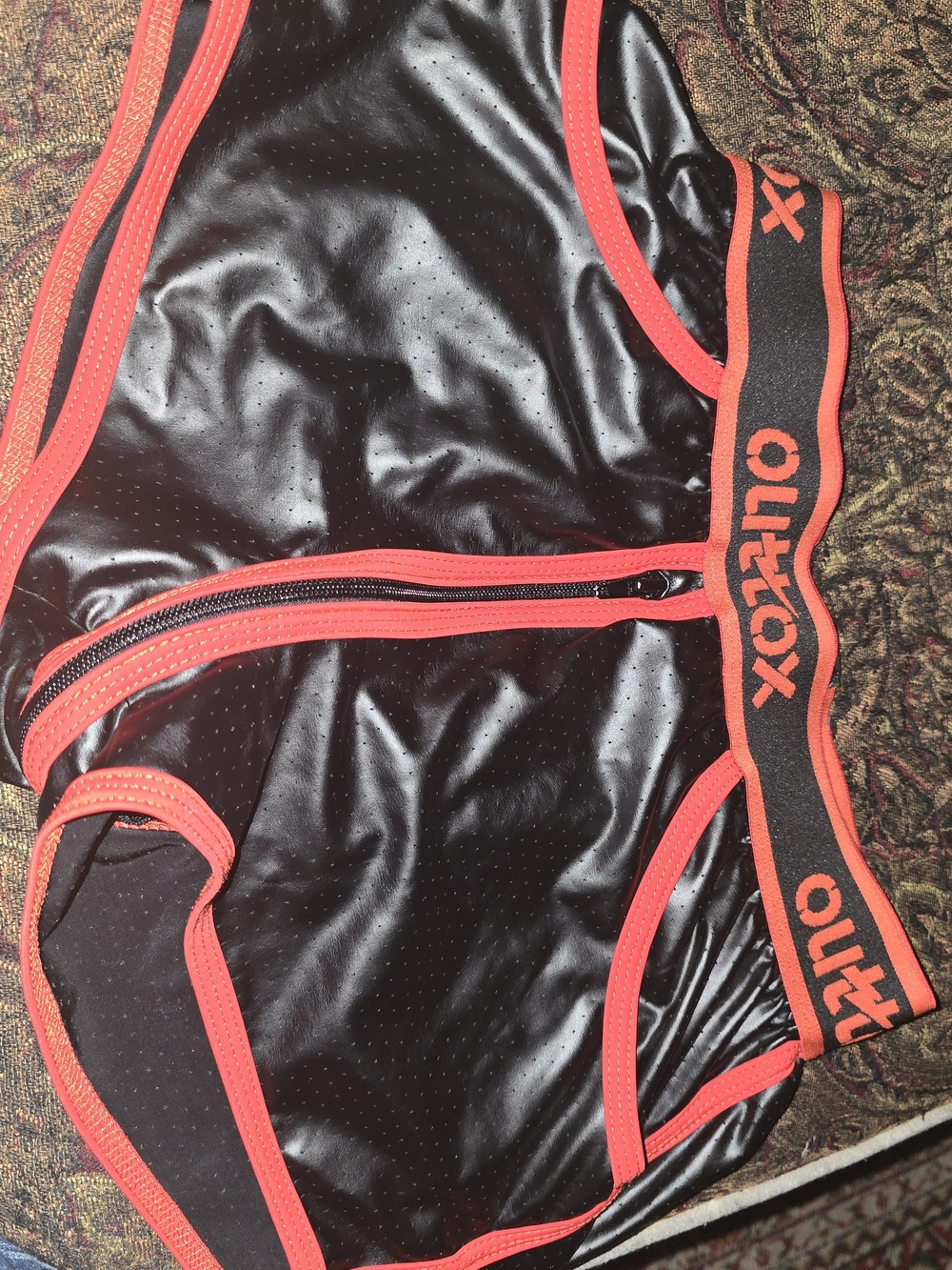 Men's Black & Red Leather Look Zip Front And Back Shorts By Outtox